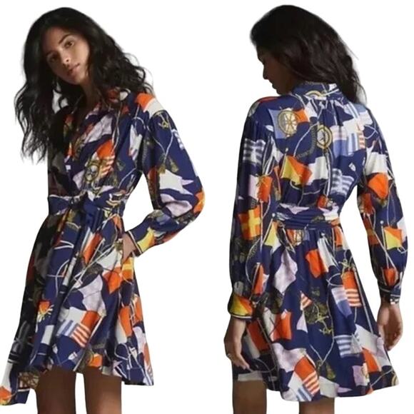 Anthropologie Maeve Nautical Print Shirtdress Fit & Flare Tie Waist Womens XS - Picture 1 of 9